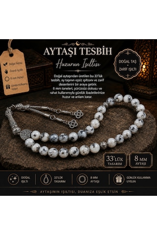 Doğal Aytaşı Tesbih 8 Mm 33'lük Huzurun Işıltısı Özel El Emeği Tasarım Beyaz - Siyah
