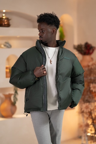 Oversize Bol Kesim Dik Yaka Fermuar Kapamalı Şişme Mont Yeşil