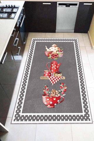 Gri Kaymaz Tabanlı Çaydanlık Desenli Mutfak Halısı Ar842n11
