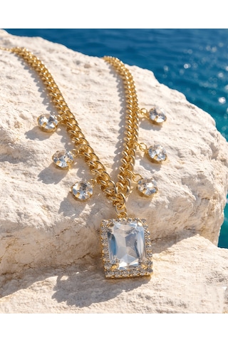 Baget Model Zirkon Taşlı Gold Renkli Çelik Kolye Beyaz