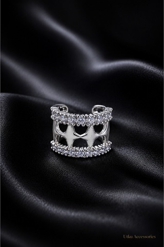 Sıralı Taşlı Kıkırdak Çelik Küpe Earcuff Gümüş