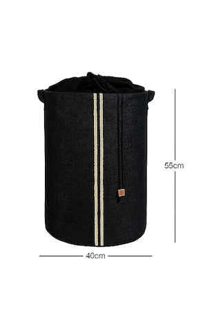 Ocean Home Textile Ağzı Büzgülü Çizgili Siyah Renk Jüt Çamaşır Sepeti 40 X 55 Cm Açık Bej