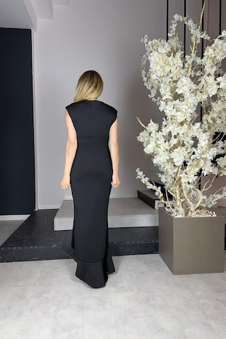 Ges Moda G0964 Volan Detaylı Abiye Elbise Siyah-siyah Siyah