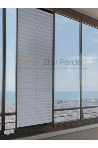 Mavi Gri Plise Katlanır Cam Balkon Perdesi - Ofis Perdesi - Salon Perdesi - 025 Mavi Gri