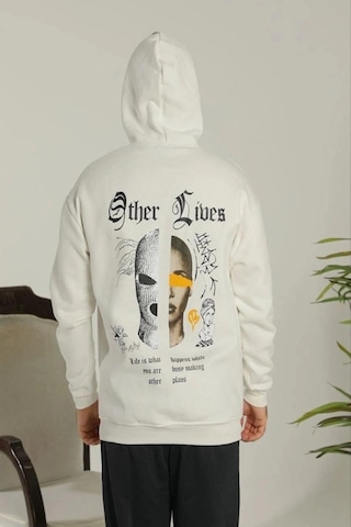 Defymoda Oversize Üç İplik Şardonlu Kapüşonlu Sweatshirt Beyaz Other Lives Ön Ve Arka Baskılı, Kanguru Ce Beyaz