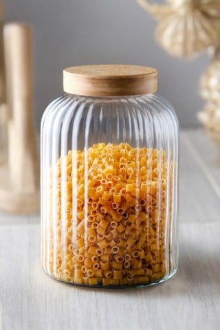 Morponi Bambu Kapaklı Cam Çizgili Erzak Kavanozu 2900 Ml Şeffaf