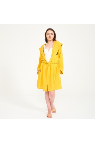 Ördek Nakışlı Kısa Kapüşonlu Müslin Kadın Bornoz-Sarı