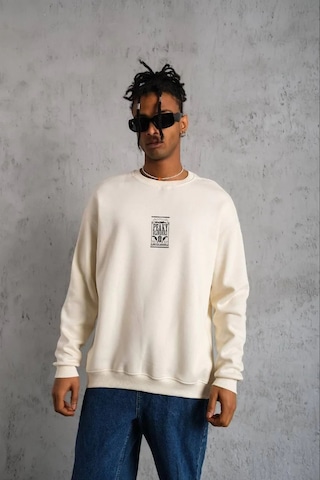 Luz&pos Erkek Bisiklet Yaka Baskılı Oversize Sweatshirt - Beyaz Beyaz