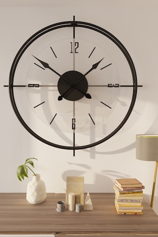 MetaQuartz Aksesuar Deluxe Şeffaf Cam İskandinav Çiftçember Camlı Duvar Saati Siyah 55 x 55 CM