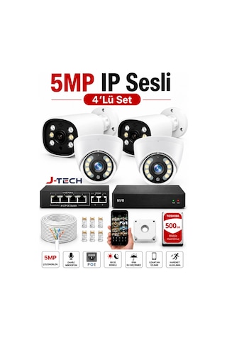 J-tech 5mp Sesli 4 Lü D6066 İp Renkli Gece Görüşlü 500gb Akıllı Güvenlik Kamera Seti Yüz Ve Araç T