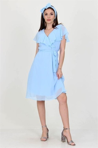 Neşeli Butik Kadın Bebe Mavisi Kruvaze Yaka Bağlama Detaylı Yeni Sezon Şifon Elbise Nb8081 Bebe Mavisi