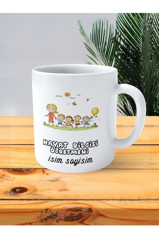 Hayat Bilgisi Öğretmeni Baskılı Kupa Bardak İsimli Kişiye Özel Sarı Balon Hava Doğa Çok Renkli