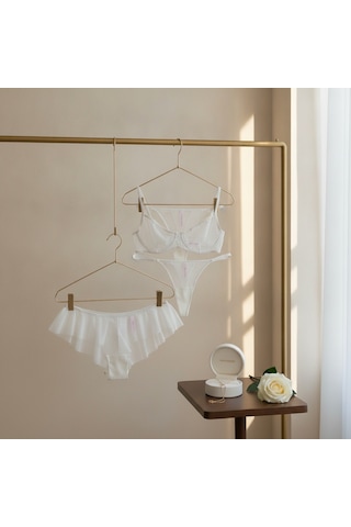Bonbon Kadın Tül Transparan Balenli Sütyen, Checky Ve String Külotlu 3 Lü Paket Bb2620 Ekru
