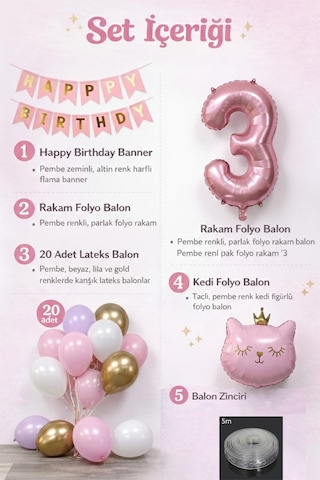 3 Yaş Kedi Temalı Doğum Günü Balon Seti Pembe Gold Konsept Pembe - Altın