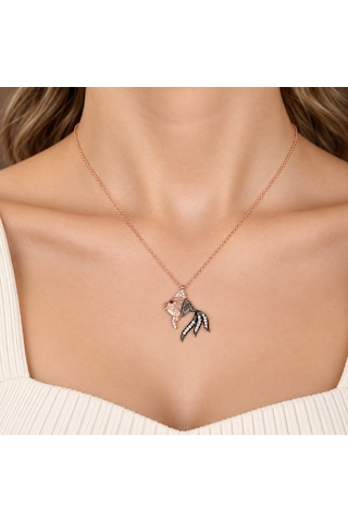 925 Ayar Gümüş Roze Rengi Zirkon Taşlı Balık Figürlü Kadın Kolye Rose Gold