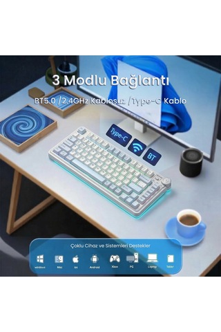 Aula Au75 3 Modlu Rgb Hot Swap Mekanik Tkl Star Vector Switch Kablosuz Makrolu Klavye Buz Mavisi
