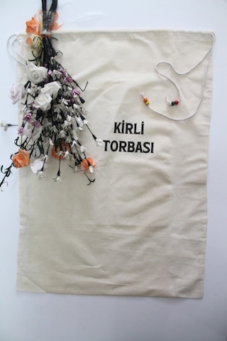 Keten Boncuk Detaylı Çok Amaçlı Kirli Torbası 50x70cm Beyaz