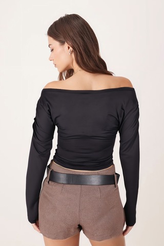 Armonika Kadın Siyah Kolları Büzgülü Crop Bluz Arm-26k042015