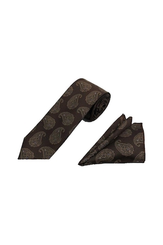 Brianze 7 Cm Kahverengi Şal Desen Kravat Mendil Set Kahverengi