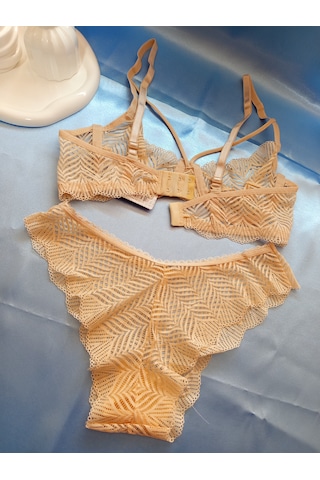 Csaymoda Dantelli Taşlı Brode Sütyen Takımı Somor Ten