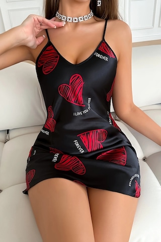 Hello Papana Hello Papana Büyük Kırmızı Kalp Desenli Siyah Saten Gecelik Çok Renkli