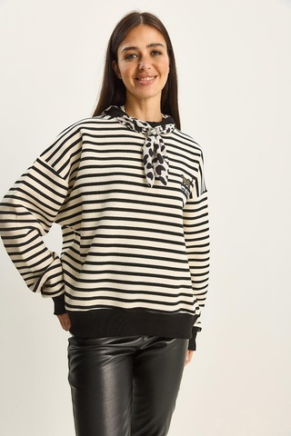 Shade Kadın Fular Detaylı Leopar Nakışlı Çizgili Üç İplik Şardonlu Oversize Sweatshirt 6973 60283818 - Ekru-siyah Çok Renkli