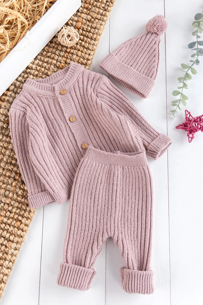 Babymod Triko Hırkalı Bereli Unisex Kışlık Şapkalı Bebek Takım Gülkurusu
