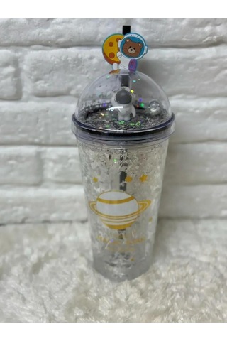 Pipetli Bardak Matara Sevimli Suluk 450 Ml Çift Astronot Figürlü Beyaz