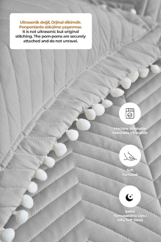 Evlen Home Ollie %100 Pamuk Yatak Örtüsü Pike Takımı Çift Kişilik Ponponlu Kapitone Günlük Gri