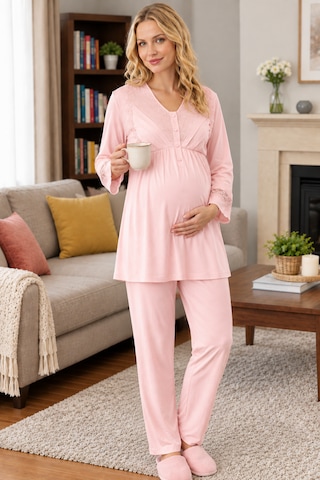 Bone Club 6305 Uzun Kol 3 Lü Sabahlıklı Lohusa Hamile Pijama Takımı Pudra