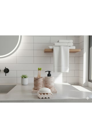 3'lü Bej Mermer Desen Banyo Seti ,sıvı Sabunluk Diş Fırçalığı Beton Aksesuar Takımı Bej