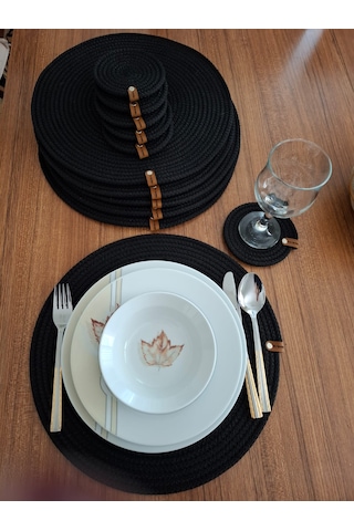 Siyah 6 Kişilik 12 Parça Amerikan Servis, Hasır Supla Takımı, Tab Siyah