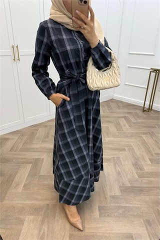 Neşeli Butik Kadın Ekose Desenli Düğme Detaylı Tesettür Elbise Nms076 Lacivert