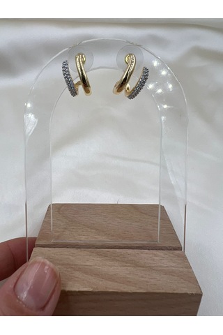 İthal Vip İkili Görünümlü Küpe Altın - Gümüş