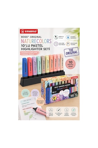 10 Renk Fosforlu Kalem Standlı 1 Paket Orjinal Stabilo Boss 10 Lu Nature Colors Renkler İşaretleme Kalemi Pürüzsüz Yazım Çok Renkli