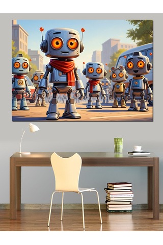 Modern Robot Çocuklar Ve Şehir Dekoratif Kanvas - Mdf Ahşap Tablo