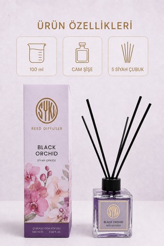 Premium Çubuklu Oda Kokusu 100 Ml Cam Şişe Reed Diffuser Siyah Orkide