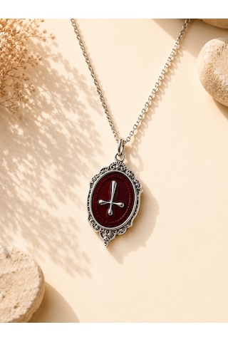 Baphomet Sigili Gotik Kolye Kırmızı Taş Görünümlü Unisex Alternatif Tarz Kolye Çok renkli