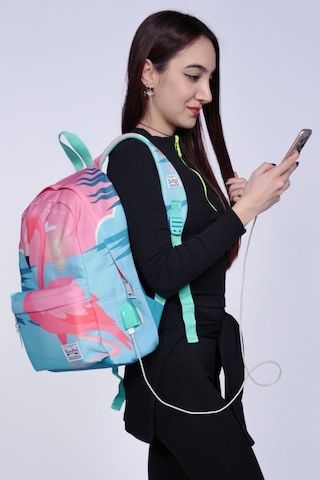 Coral High Yeşil Pembe Flamingo Desenli Sırt Çantası Okul ve Günlük - USB+AUX Soketli