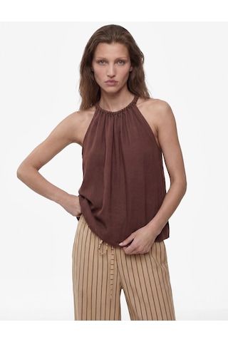 Koton Viskon Rayon Kumaş Kolsuz Büzgülü Halter Yaka Bluz Kahverengi 6sak60292pw Kahve