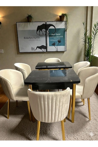 Msy Home 6 Kişilik Exclusive Kelebek Black Marble Gold Ayaklı Modern Yemek Odası Grubu 5412 Bej
