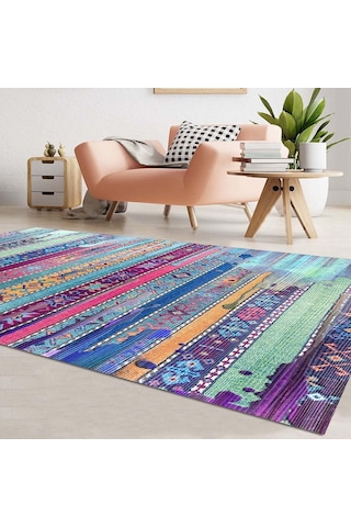 Brielle Desenli Kadife Pamuk Tabanlı Yıkanabilen Kaydırmaz Antibakteriyel Salon Halısı 120x180 Çok Renkli
