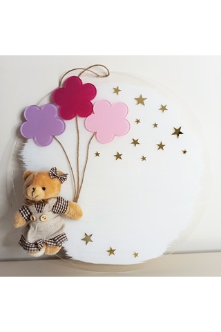 Kişiye Özel İsimli Ayıcıklı Kız Bebek Kapı Süsü Beyaz - Pembe