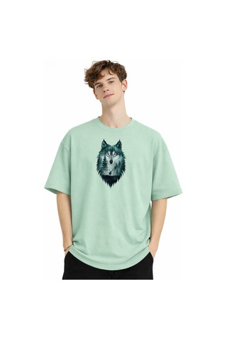 Misa Tahtakale Wolf - Oversize Erkek Tişört Su Yesılı Çok Renkli