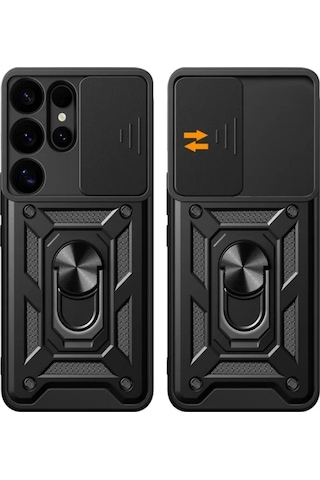 Samsung Galaxy S26 Ultra Uyumlu Tank Kılıf Yüzüklü Standlı Zırhlı Outdoor Kapak - Siyah