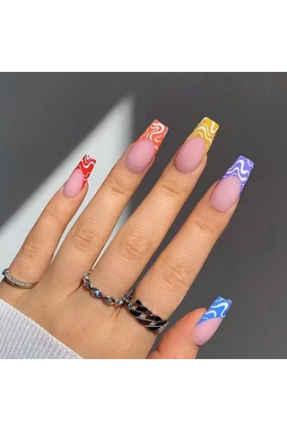 Tırnak Salonları Ve Ev Diy Tırnak Sanatı İçin Zararsız Ve Pürüzsüz Kenar Tırnakları İle Renkli Çizgi Bale Uzun Yapay Tırnaklar