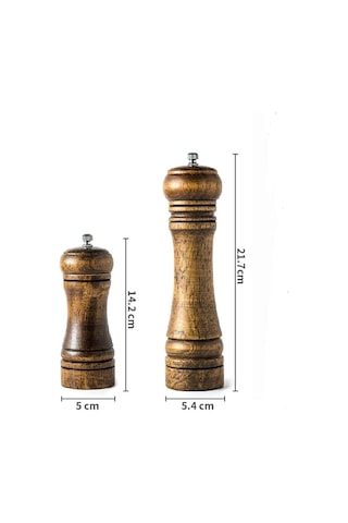 Ahşap Karabiber Tuz Öğütücü Değirmen Tuzluk 14 Cm Ve 21 Cm 2'li Kahverengi
