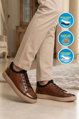 Voyager Taba Hakiki Deri Kroko Desenli Rahat Şık Erkek Casual Ayakkabı Sneaker 6424-1 M