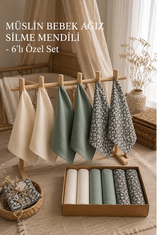 Drsnticaret 6'lı Set %100 Pamuk Müslin Bebek Ağız Silme Mendili -20x20 Cm Beyaz