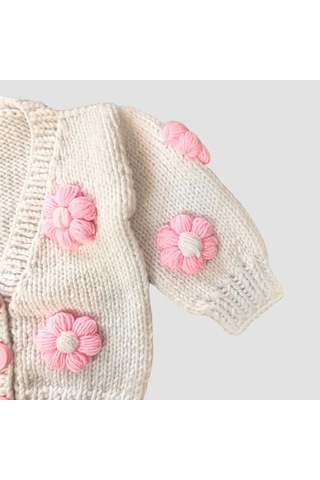 Uretti - Gülnur 2184 - El Örgüsü Pembe Çiçekli Kız Çocuk Hırka 4 Yaş - Beyaz Beyaz